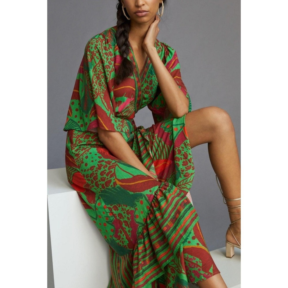 Farm Rio Flutter‎ Sleeve Maxi Wrap Dress Sz XS Green Tropical Ruffle Hem Coastal